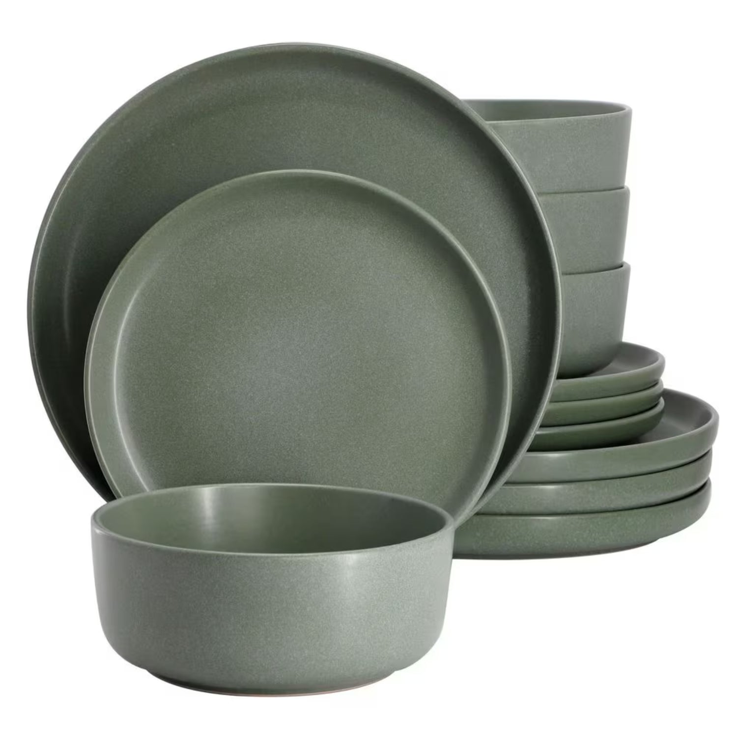 vajilla verde mate, platos y tazones apilados, cocina moderna